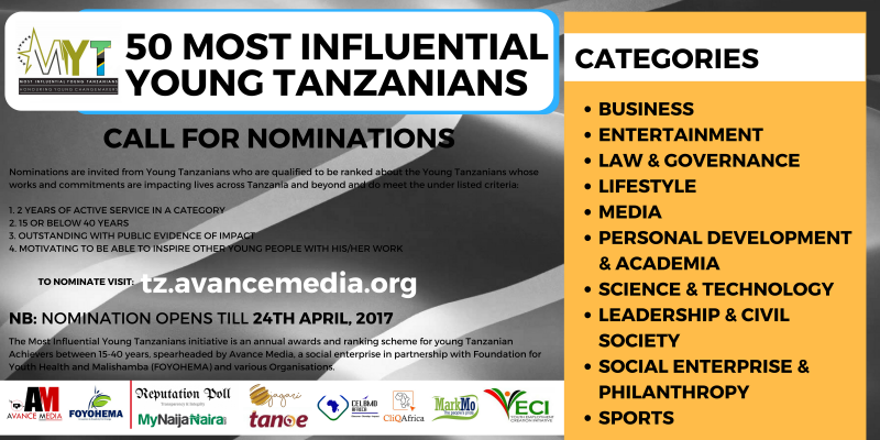 Nomination Opens for 2017 50 Most Influential Young Tanzanian Ranking
