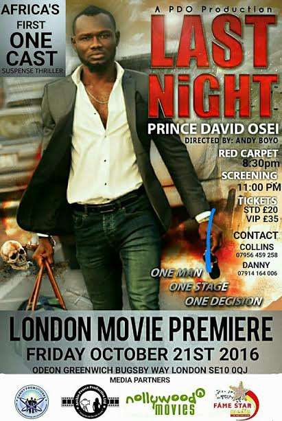 “Last Night” Prince David Osei set to premiere one-cast movie in UK
