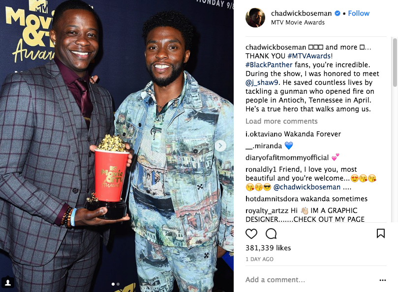 Watch Chadwick Boseman Giving His Awards To A Real Life Hero At The MTV Awards.