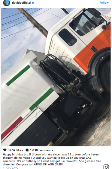 Davido gifts Longtime Friend a Tanker on His Birthday