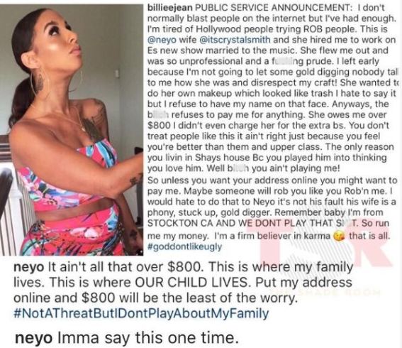 Make up artist calls out NeYo's wife for allegedly owing her $800, threatens to publish his house address on social media
